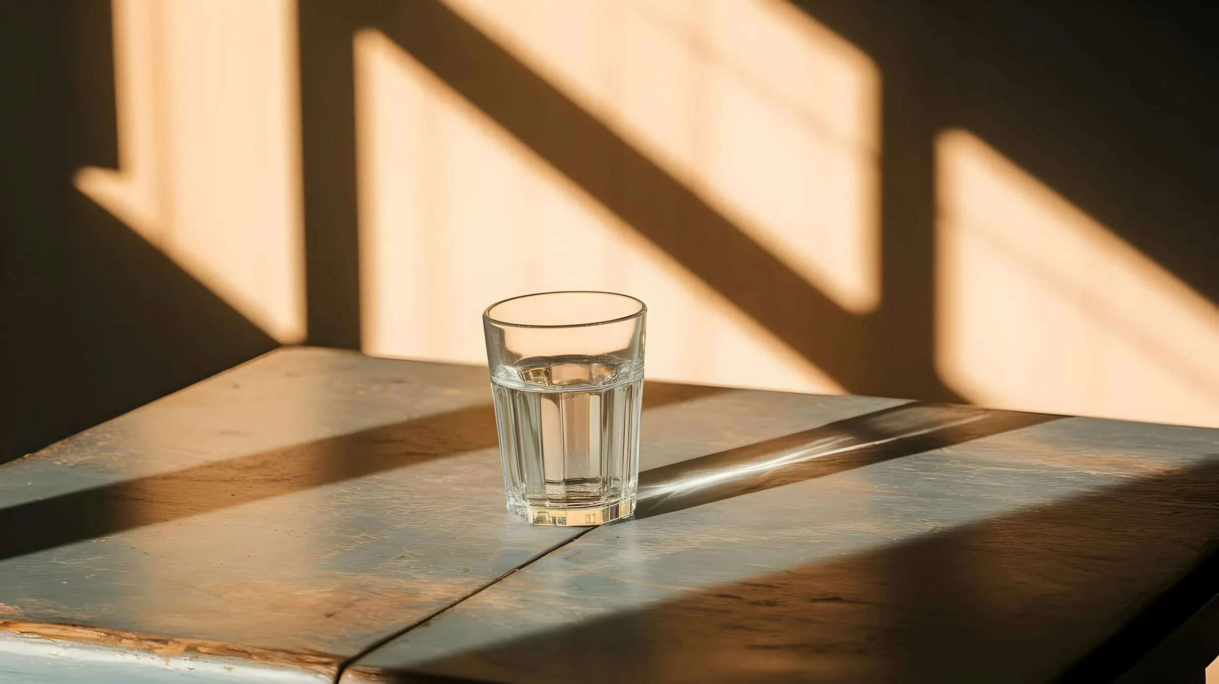 A single glass of water on a weathered wooden table, crossed by sharp window shadows in warm afternoon light