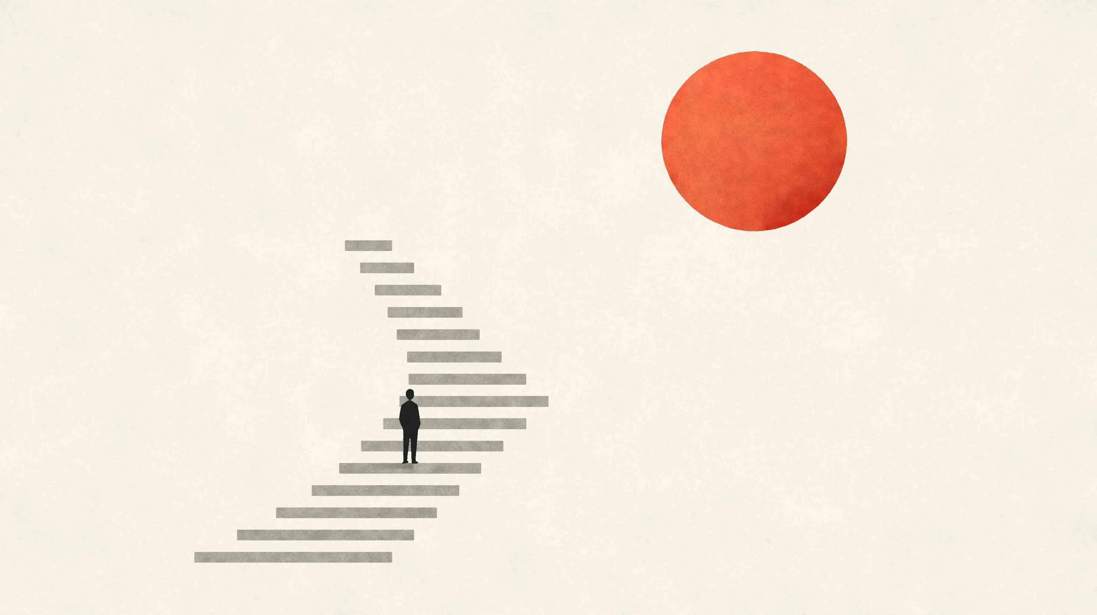 Two figures climbing a shadowed stairway beside a bright orange wall under a pale full moon